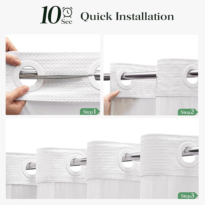 White Hook Free Waffle Shower Curtain & Snap-in Fabric Liner,72x81 | Less Time to install, 3 in 1 Fabric Shower Curtain and Liner Set with Magnets, Long, Shower Curtains for Bathroom