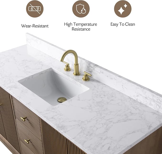 Vanity Art 60" Bathroom Vanity with Single Sink & Arabescato White Engineered Stone Top, Vanity Cabinet with Soft Closing Door, Solid Wood Frame, Golden Brushed Handles, Walnut VA8160S-Walnut-GB
