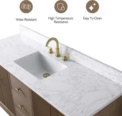 Vanity Art 60" Bathroom Vanity with Single Sink & Arabescato White Engineered Stone Top, Vanity Cabinet with Soft Closing Door, Solid Wood Frame, Golden Brushed Handles, Walnut VA8160S-Walnut-GB