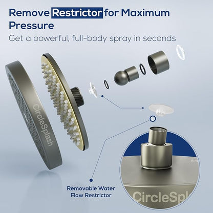 CircleSplash Shower Head - High Pressure 2.5 GPM - Matte Grey | Anti-clog silicone nozzles, removable restrictor, easy-clean fixed replacement
