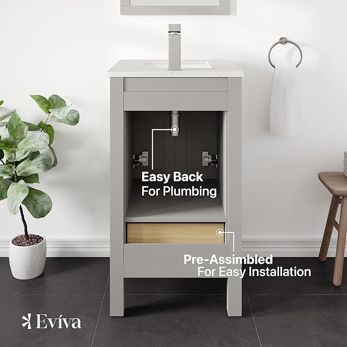 Eviva London 20 Inch Bathroom Vanity with Sink - Grey Vanity Bathroom, Porcelain Sink and Quartz Countertop, Freestanding 20 Vanity with Sink Combo, Ideal Bathroom Vanities for Home Decor