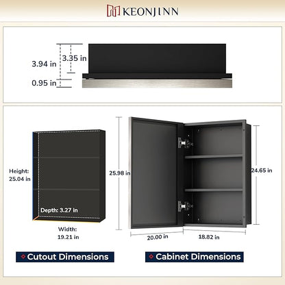 Keonjinn 20" x 26" Medicine Cabinets with Mirror for Bathroom, Brushed Nickel Recessed or Surface Wall-Mounted Aluminum Alloy Framed Beveled Mirror, Farmhouse Bathroom Mirror with Storage Cabinet