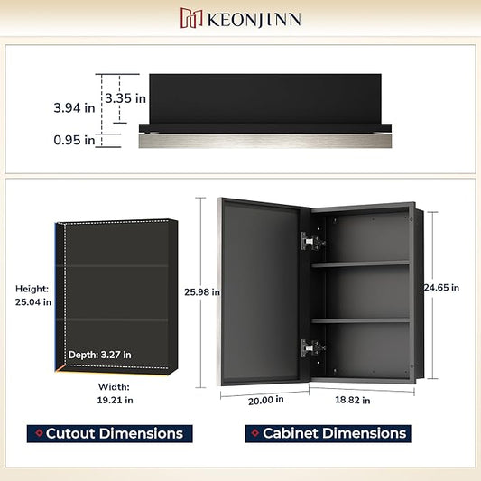 Keonjinn 20" x 26" Medicine Cabinets with Mirror for Bathroom, Brushed Nickel Recessed or Surface Wall-Mounted Aluminum Alloy Framed Beveled Mirror, Farmhouse Bathroom Mirror with Storage Cabinet