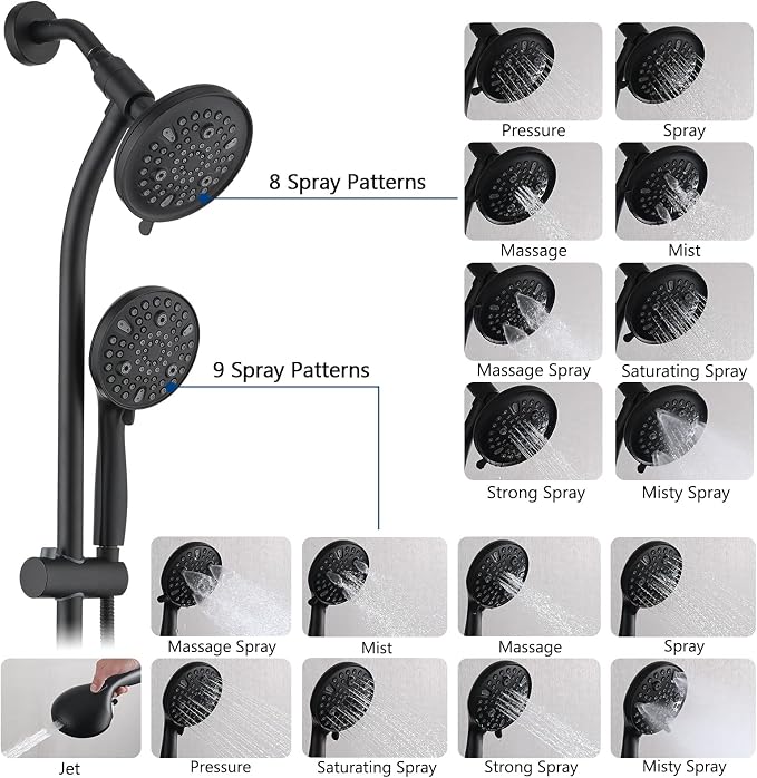 Modern Rainfall Shower Head with Handheld Shower Spray, 26-Inch Adjustable Height Slide Bar, High Pressure Dual Shower Head Combo, 3-Way Diverter for Easy Reach, 5-Foot Hose - Matte Black