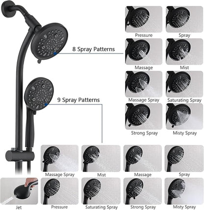 Modern Rainfall Shower Head with Handheld Shower Spray, 26-Inch Adjustable Height Slide Bar, High Pressure Dual Shower Head Combo, 3-Way Diverter for Easy Reach, 5-Foot Hose - Matte Black