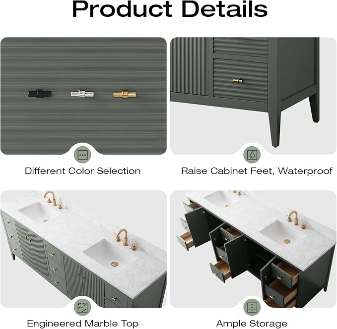 Vanity Art 84 inch Bathroom Vanity with Double Sink & Ceramic Top, Vanity Cabinet with Soft-Closing Door, Solid Wood Frame, Linear Pattern, Walnut, Golden Brushed Handware,Vintage Green