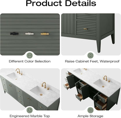 Vanity Art 84 inch Bathroom Vanity with Double Sink & Ceramic Top, Vanity Cabinet with Soft-Closing Door, Solid Wood Frame, Linear Pattern, Walnut, Golden Brushed Handware,Vintage Green