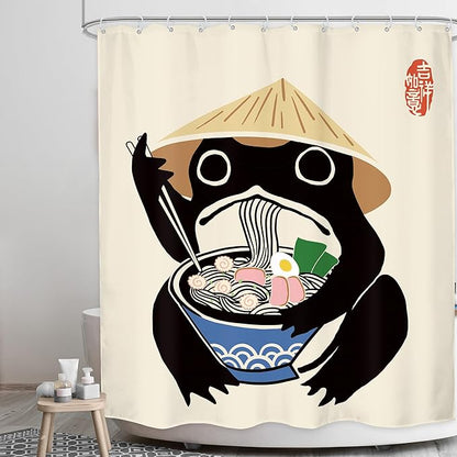 LGhtyro Funny Frog Shower Curtain Bathroom Set 60Wx71H Inches Retro Cute Animal Asian Traditional Japanese Style Noodles Strawhat Vintage Bath Accessories Children Art Home Decor Fabric 12 Pack Hooks