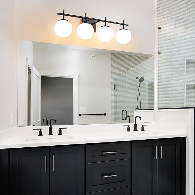 AIJIASI Bathroom Lighting Fixtures Over Mirror, 4-Light Matte Black Vanity Light, 30.7 Inch Modern Bathroom Light Fixtures with Milky White Glass Globe Shade Bath Vanity Lighting Fixtures Wall Sconce