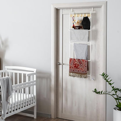 Over The Door Towel Rack 5 Tier Towel Door Hanger for Bathroom Over The Door Towel Bar Hanger with Hooks Back of Door Towel Rod Organizer for Clothes Hand Towels (White and Wood)