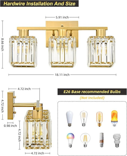 3-Light Bathroom Light Fixtures, Modern Gold Crystal Wall Light for Bathroom,Lighting Fixtures Over Mirror