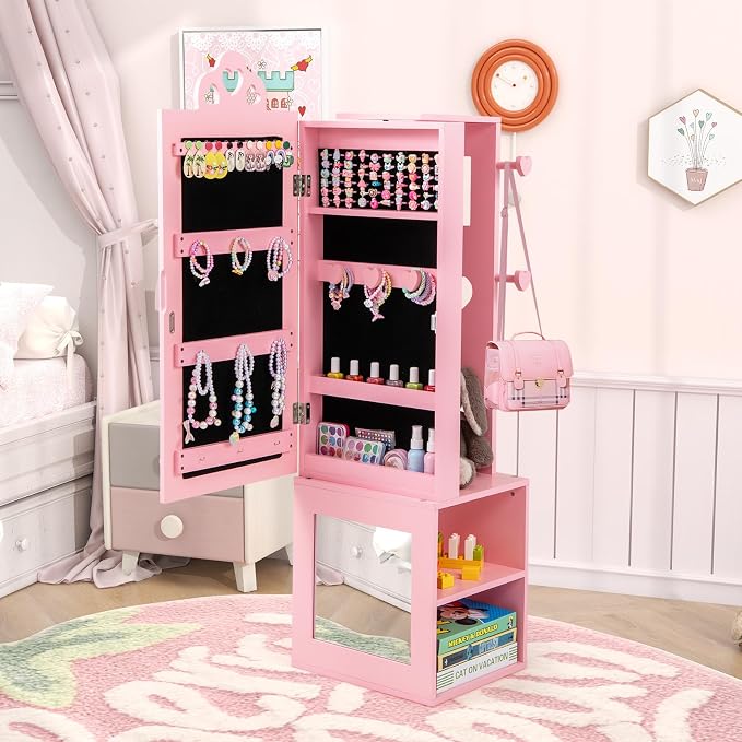CHARMAID Kids Jewelry Cabinet Armoire, 47" Full Length Mirror, Coat Rack, Back Storage Shelves, Standing Vanity Dressing Mirror for Girls, Kids Jewelry Organizer (Pink)