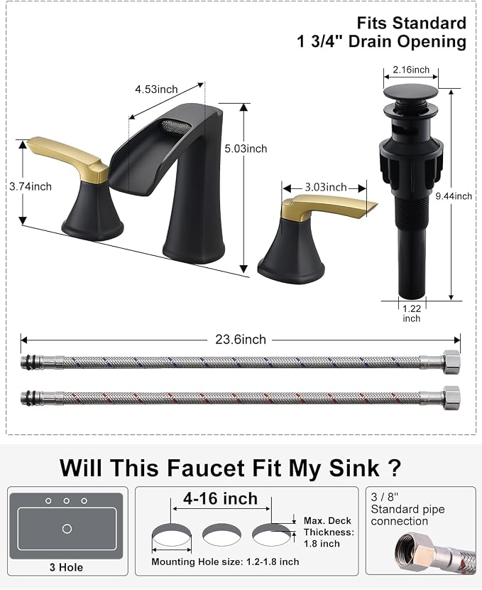 Fapully Bathroom Faucet 3 Hole, Waterfall 8 Inch Widespread Bathroom Sink Faucet with Pop-up Drain, Matte Black&Gold Two-Handle Faucets for Bathroom Sink