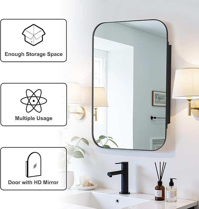 Casaphoria 36" H x 24" W Wall Medicine Cabinets Mirrors, Bathroom Medicine Cabinet with Mirror, Metal Frame Wall Mirror Cabinet, Black H