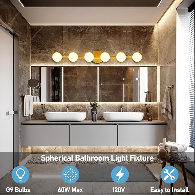 Lightdot 6 Light Bathroom Vanity Light, 38" Modern Gold Vanity Lights with Globe Water/Shatterproof PC Lampshade, Rust-Proof Bathroom Light Fixtures Over Mirror for Kitchen Hallway Cabinet Porch