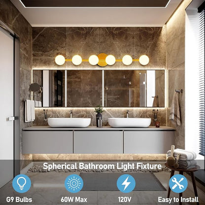 Lightdot 6 Light Bathroom Vanity Light, 38" Modern Gold Vanity Lights with Globe Water/Shatterproof PC Lampshade, Rust-Proof Bathroom Light Fixtures Over Mirror for Kitchen Hallway Cabinet Porch