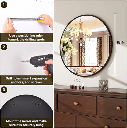 18-Inch Round Wall Mirror with Aluminum Alloy Metal Frame - Ideal for Entryway, Bathroom, Vanity, Living Room - Black Finish Circle Mirror for Stylish Home Decor