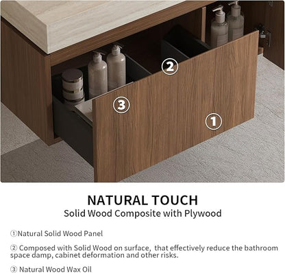 LKTART Floating 36 Inch Bathroom Vanity with Sink, Modern Plywood Wall Mounted Bathroom Storage Cabinet with 1 Door and 1 Drawer, Roma Travertine-Pattern Sintered Stone Countertop and Ceramic Basin