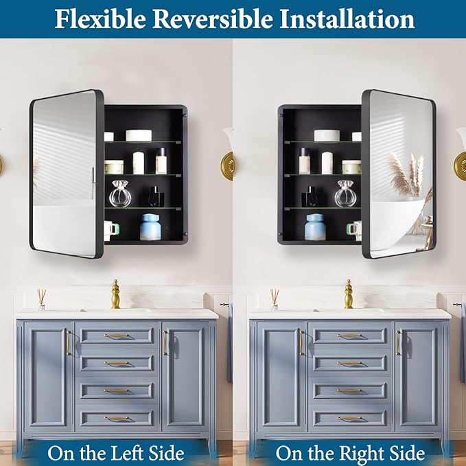 20’’x20’’ Medicine Cabinet,Metal Framed Medicine Cabinet Mirror with Round Corner,Recessed and Surface Mount Bathroom Mirror with Storage, Removeable Shelves,Dark Gray Frame
