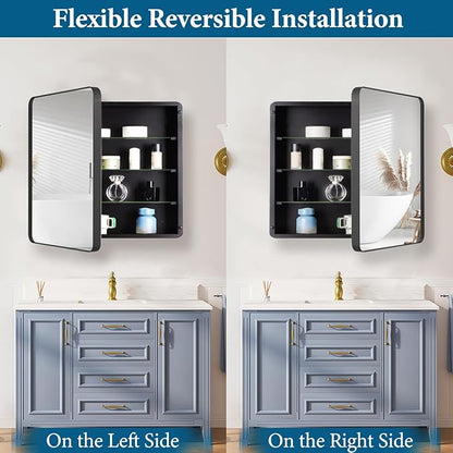 20’’x20’’ Medicine Cabinet,Metal Framed Medicine Cabinet Mirror with Round Corner,Recessed and Surface Mount Bathroom Mirror with Storage, Removeable Shelves,Dark Gray Frame