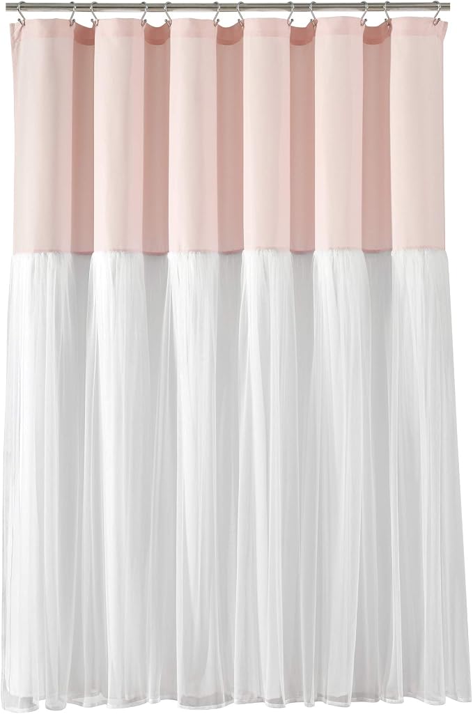Lush Decor Tulle Skirt Colorblock Shower Curtain Single 72" W x 72" L Blush & White - Fabric Shower Curtains for Bathroom - Cute Bathroom Curtain