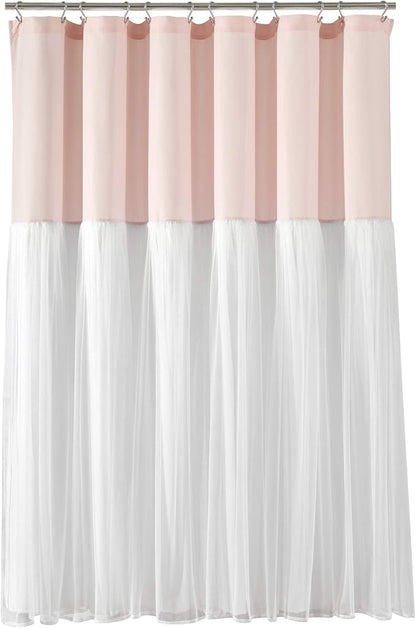 Lush Decor Tulle Skirt Colorblock Shower Curtain Single 72" W x 72" L Blush & White - Fabric Shower Curtains for Bathroom - Cute Bathroom Curtain