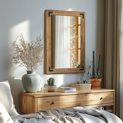 Wood Framed Bathroom Vanity Mirror for Wall, 20"x28" Farmhouse Mirror | Solid Wood Frame, HD Shatterproof Glass, Vertical/Horizontal Hanging, Ideal for Bathroom, Living Room, Bedroom