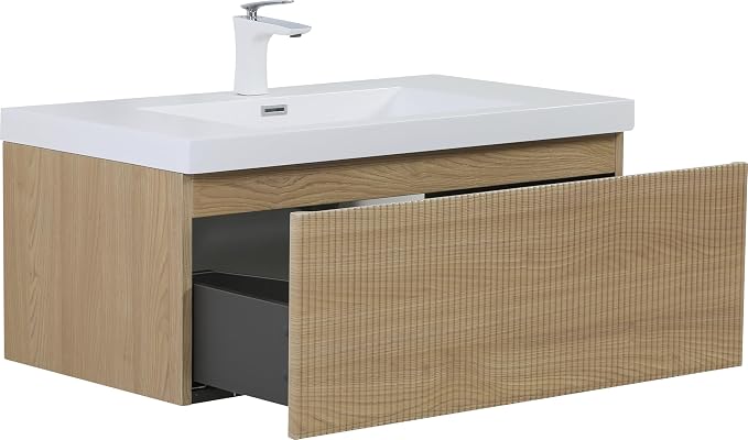 36 Inch Floating Bathroom Vanity with Sink, Modern Oak Wall Mounted Floating Vanity with Glossy Resin Sink, Soft Closing Drawer, Fully Pre Assembled Bathroom Vanity, Natural Oak