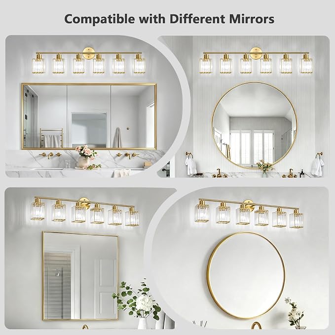6 Light Bathroom Light Fixtures, Modern Crystal Vanity Lights over Mirror | Metal Frame, Bathroom Light with Square Crystal Shade, ETL Certified, E26 Ceramic Socket, Bulbs Not Included
