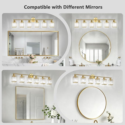 6 Light Bathroom Light Fixtures, Modern Crystal Vanity Lights over Mirror | Metal Frame, Bathroom Light with Square Crystal Shade, ETL Certified, E26 Ceramic Socket, Bulbs Not Included