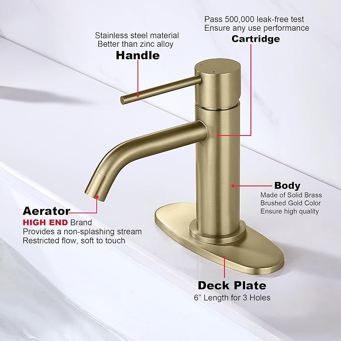 Brushed Gold Bathroom Faucet Single Hole, JXMMP Brass Single Handle Bathroom Sink Faucet with Pop Up Drain Assembly and 6 inch Deck Plate
