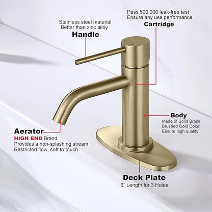 Brushed Gold Bathroom Faucet Single Hole, JXMMP Brass Single Handle Bathroom Sink Faucet with Pop Up Drain Assembly and 6 inch Deck Plate