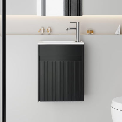 eclife 16" Small Bathroom Vanity Sink Combo, Modern Painted Wall Mounted Floating Cabinet W/Decoration Lines, Resin Basin Sink Top, Chrome Water Save Faucet & Pop Up Drain (Piano Black)