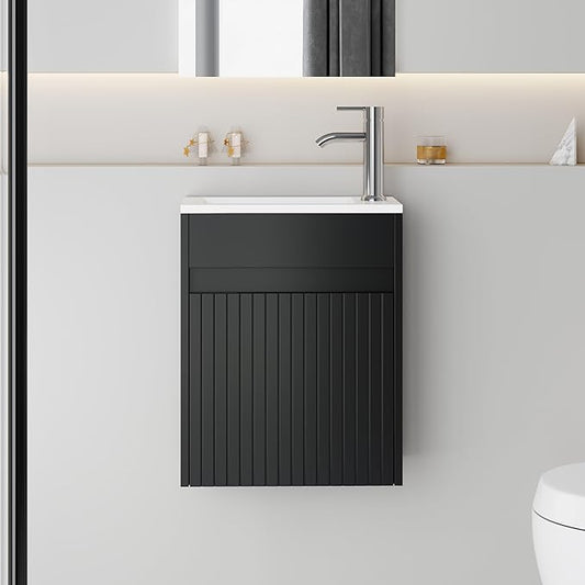 eclife 16" Small Bathroom Vanity Sink Combo, Modern Painted Wall Mounted Floating Cabinet W/Decoration Lines, Resin Basin Sink Top, Chrome Water Save Faucet & Pop Up Drain (Piano Black)