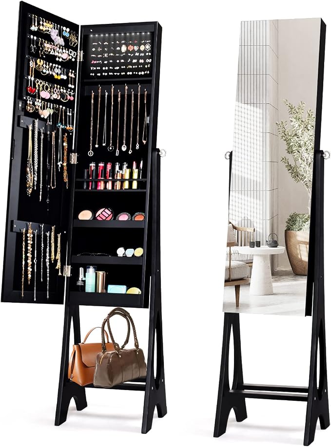 COSTWAY 12 LED Mirror Jewelry Cabinet, Freestanding Jewelry Storage Organizer w/Full Length Mirror, Large Capacity Jewelry Armoire w/Bottom Shelf, Mirror with Jewelry Storage for Women Girls (Black)