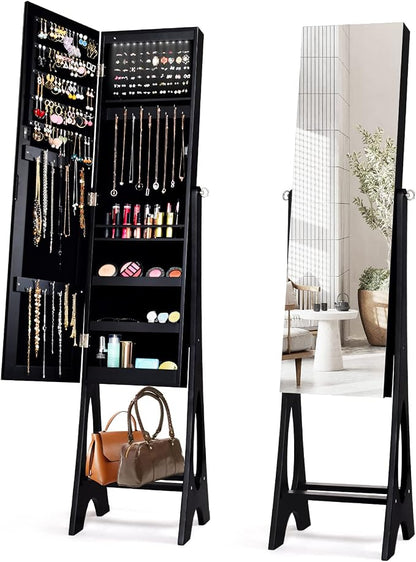 COSTWAY 12 LED Mirror Jewelry Cabinet, Freestanding Jewelry Storage Organizer w/Full Length Mirror, Large Capacity Jewelry Armoire w/Bottom Shelf, Mirror with Jewelry Storage for Women Girls (Black)