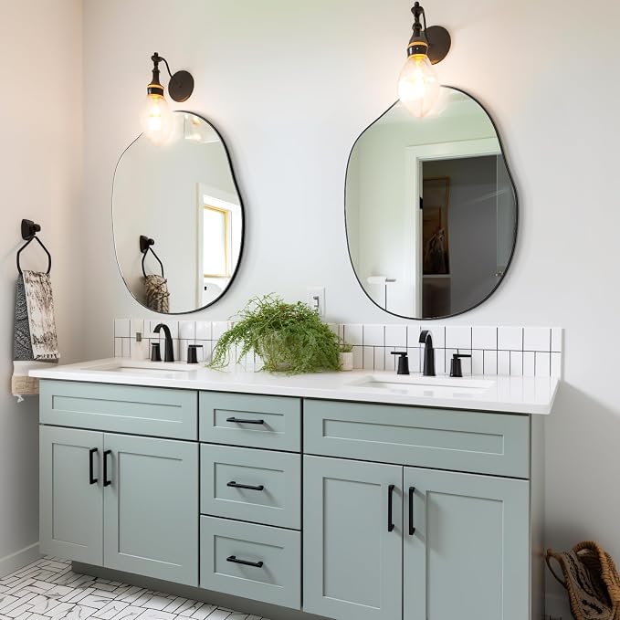 Black Irregular Mirror for Bathroom Asymmetrical Wood Vanity Mirror 24"x32" | Farmhouse Accent Vanity Mirror Hanging Horizontal/Vertical Black Wood Wall Mirror Decorative for Bathroom Bedroom Entryway