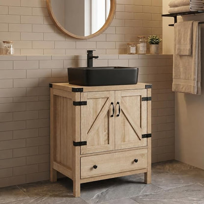 24 inch Natural Color Bathroom Vanity, Rustic Fixture Standing Pedestal Cabinet with Black Ceramic Vessel Sink