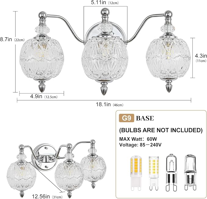 Brushed Chrome Bathroom Vanity Light, 3-Light Mid Century Modern Brushed Chrome Finish Wall Sconce with Globe Glass Shades, Modern Mirror Light for Bathroom, Powder Room