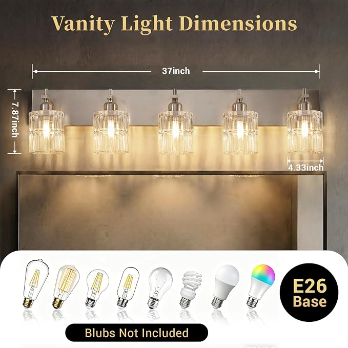 OCIOC 5-Light Bathroom Light Fixtures Brushed Nickel, Bathroom Vanity Light with Glass Shade, E26 Base Vanity Lights for Mirror,Bedroom,Living Room