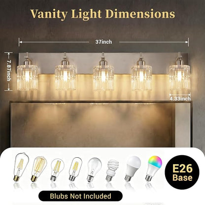 OCIOC 5-Light Bathroom Light Fixtures Brushed Nickel, Bathroom Vanity Light with Glass Shade, E26 Base Vanity Lights for Mirror,Bedroom,Living Room