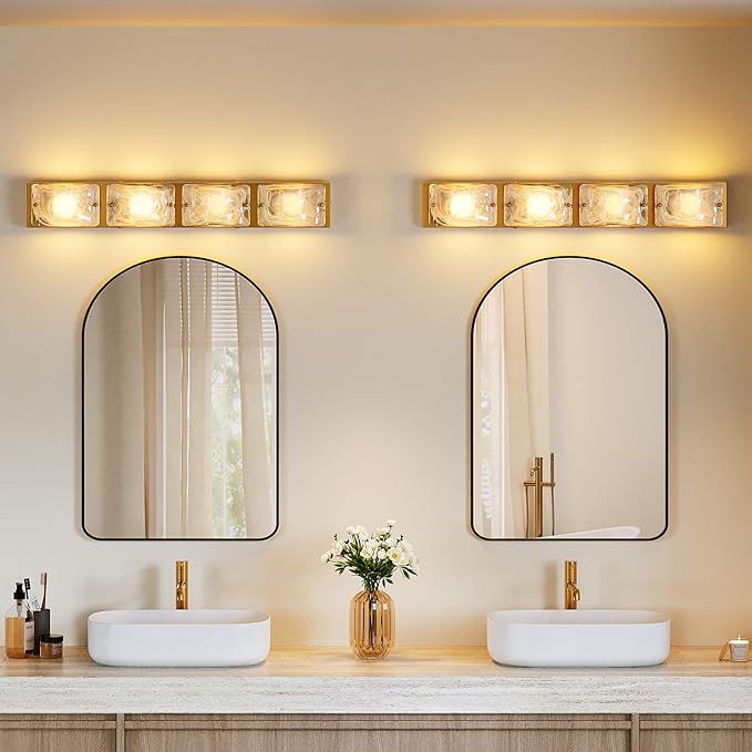 Tribesigns 4-Light Vanity Fixtures, Curved Cloud Glass Lampshades Gold Copper Plate, Modern Bathroom Wall Lighting Fixtures Over Mirror, 3CCT LED Vanity Lights (29-Inch, 3000K/4000K/5000K, Dimmable)