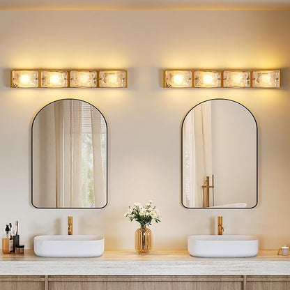 Tribesigns 4-Light Vanity Fixtures, Curved Cloud Glass Lampshades Gold Copper Plate, Modern Bathroom Wall Lighting Fixtures Over Mirror, 3CCT LED Vanity Lights (29-Inch, 3000K/4000K/5000K, Dimmable)