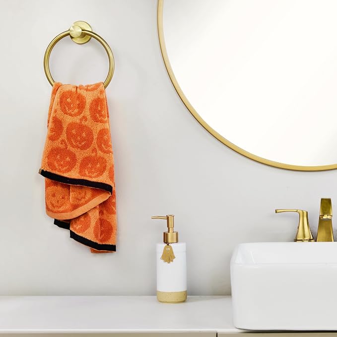 SKL Home Halloween Jack-O-Lantern Hand Towel Set-2pc, 100% Cotton, Orange | Soft & absorbent. Reversible jacquard pattern. Great for the bathroom, kitchen or bar & gifting.