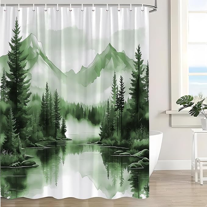 Sage Green Misty Forest Shower Curtain Mountain Foggy Pine Trees Landscape Watercolor Jungle Plant Rustic Nature Scenery Lake Fabric Bathroom Curtain Set with Hook