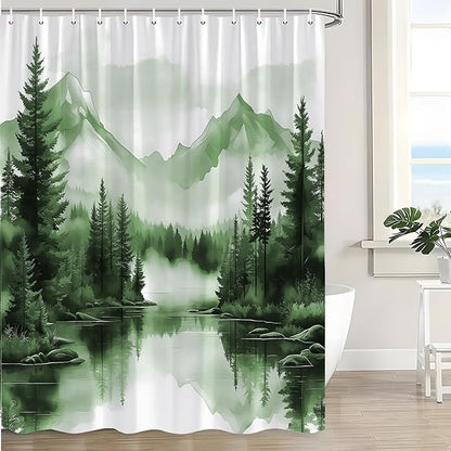 Sage Green Misty Forest Shower Curtain Mountain Foggy Pine Trees Landscape Watercolor Jungle Plant Rustic Nature Scenery Lake Fabric Bathroom Curtain Set with Hook