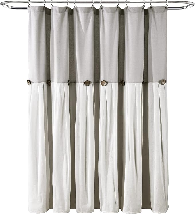 Lush Decor Linen Button Farmhouse Shower Curtain, 72" W x 78" L, Gray & Off White - Extra Long Shower Curtains - Gray Shower Curtain Fabric - Farmhouse Bathroom Decor