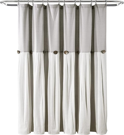 Lush Decor Linen Button Farmhouse Shower Curtain, 72" W x 78" L, Gray & Off White - Extra Long Shower Curtains - Gray Shower Curtain Fabric - Farmhouse Bathroom Decor