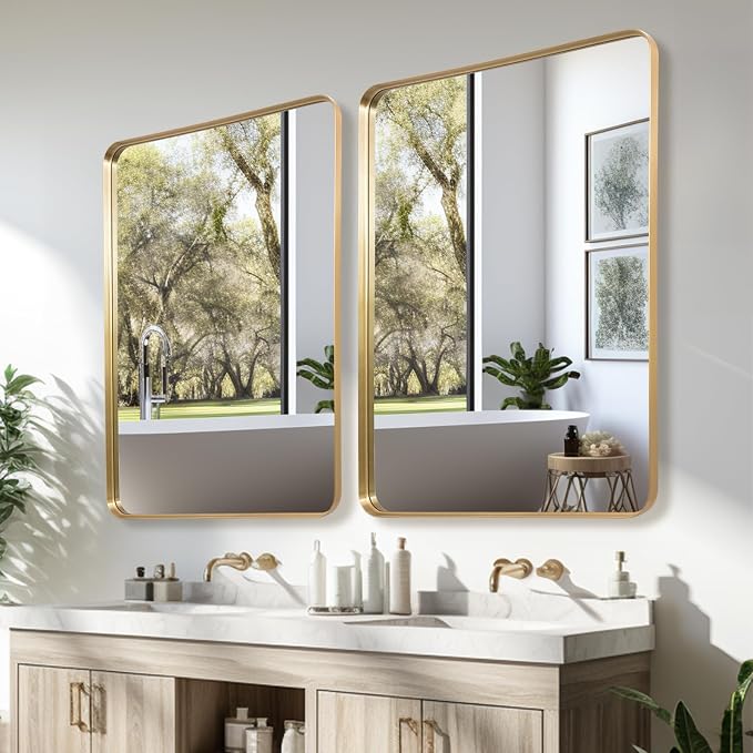 Anpark Wall Mirror 30" x 40" for Bathroom Gold Metal Deep Frame Rectangular Round Corner Wall Mounted Vanity Mirror for Bedroom Living Room Entryway Wall Decor