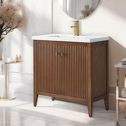 Vanity Art 30 inch Walnut Bathroom Vanity with Single Sink & Ceramic Top, Vanity Cabinet with Soft-Closing Door, Solid Wood Frame, Linear Pattern, Walnut, VA9130-Walnut-MB,Matte Black Handles